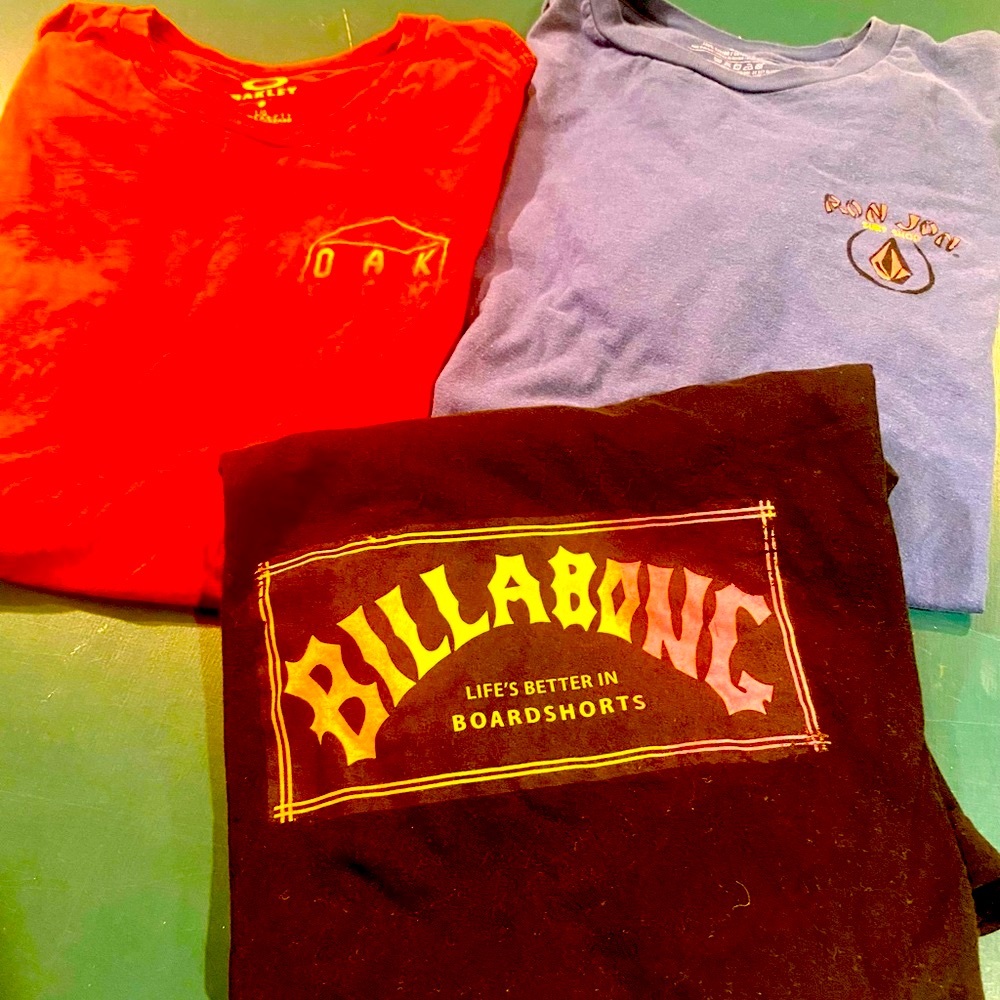 3 surf t shirts. Size Large, cotton.